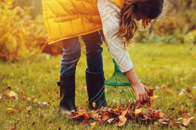 Jeune fille ratissant le jardin afin d'enlever les feuilles mortes en automne